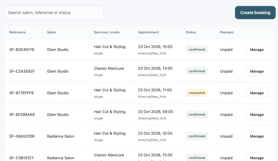Admin dashboard — appointments across salons
