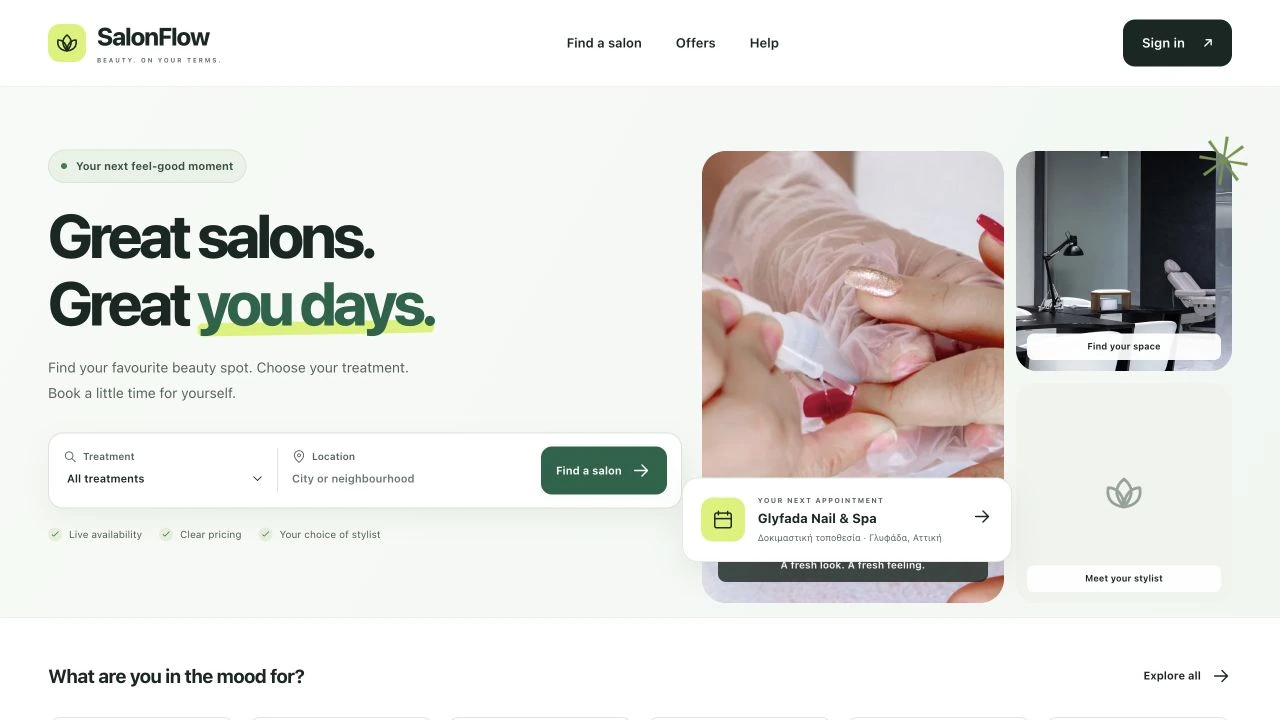 Actual SalonFlow booking website homepage