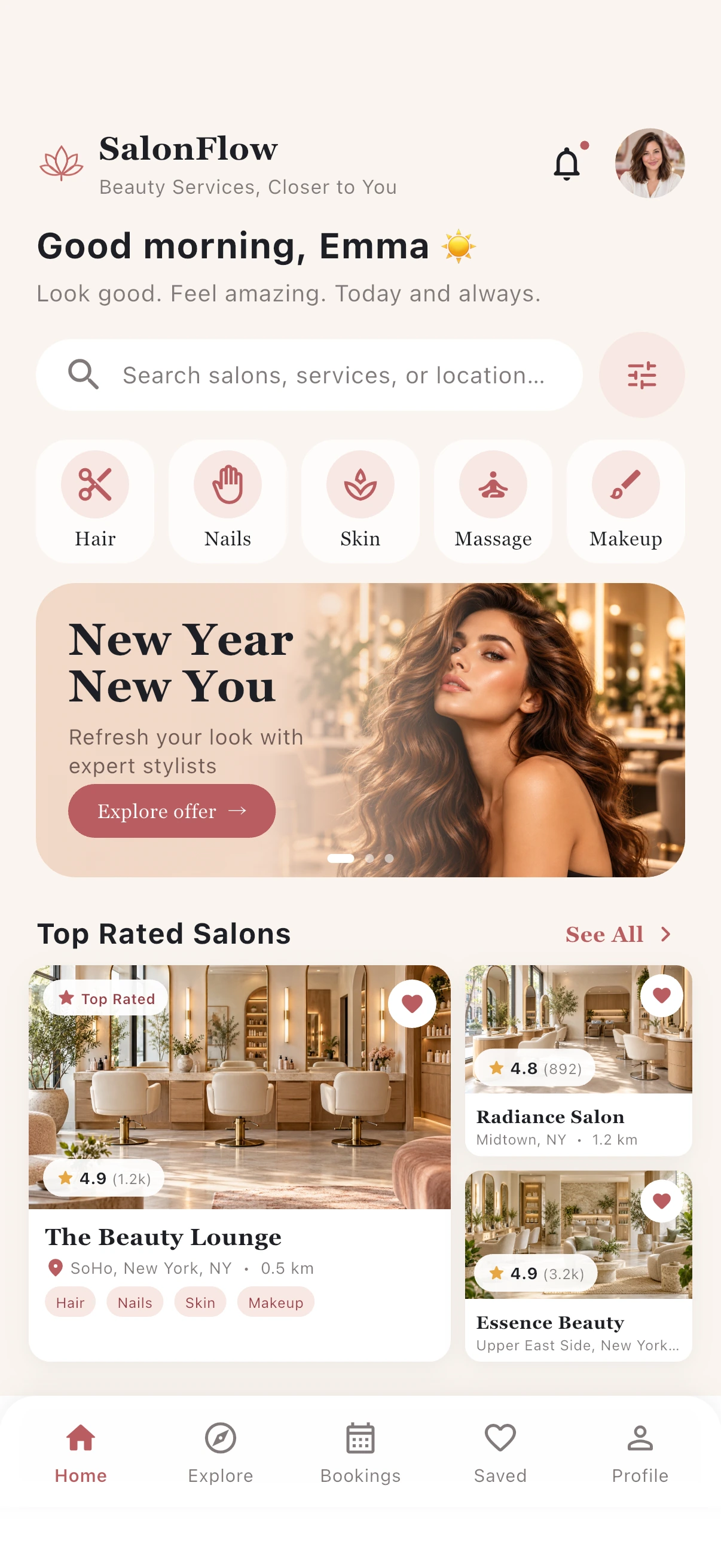 SalonFlow customer app showing salon discovery and beauty services