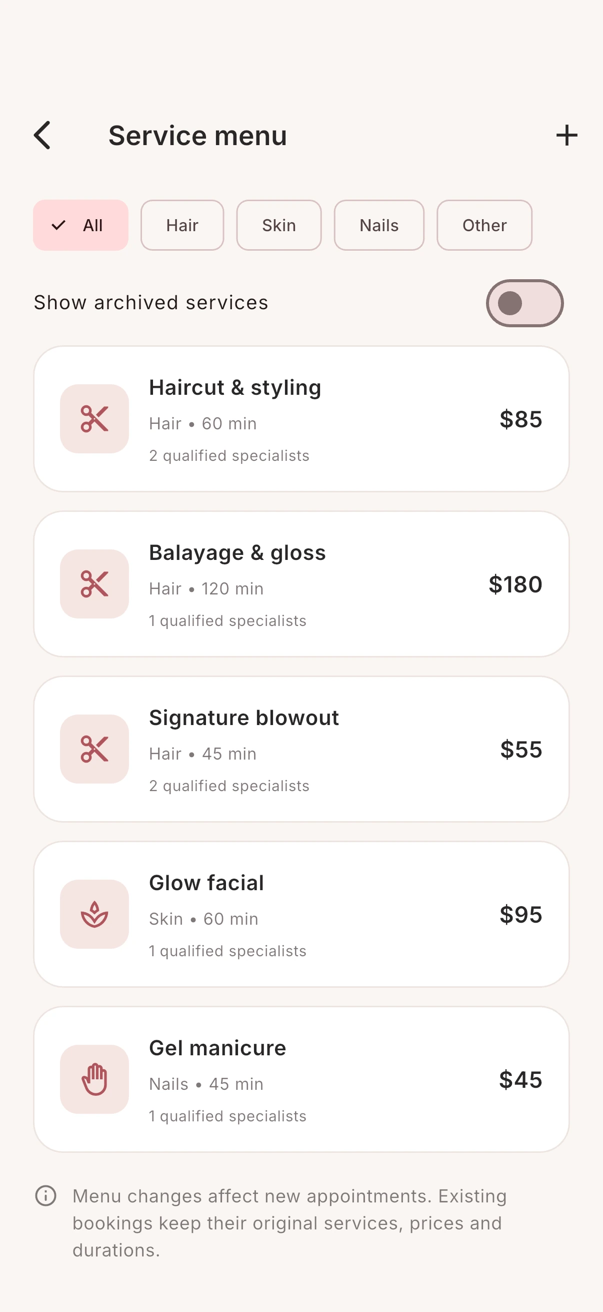 Salon owner app — service management